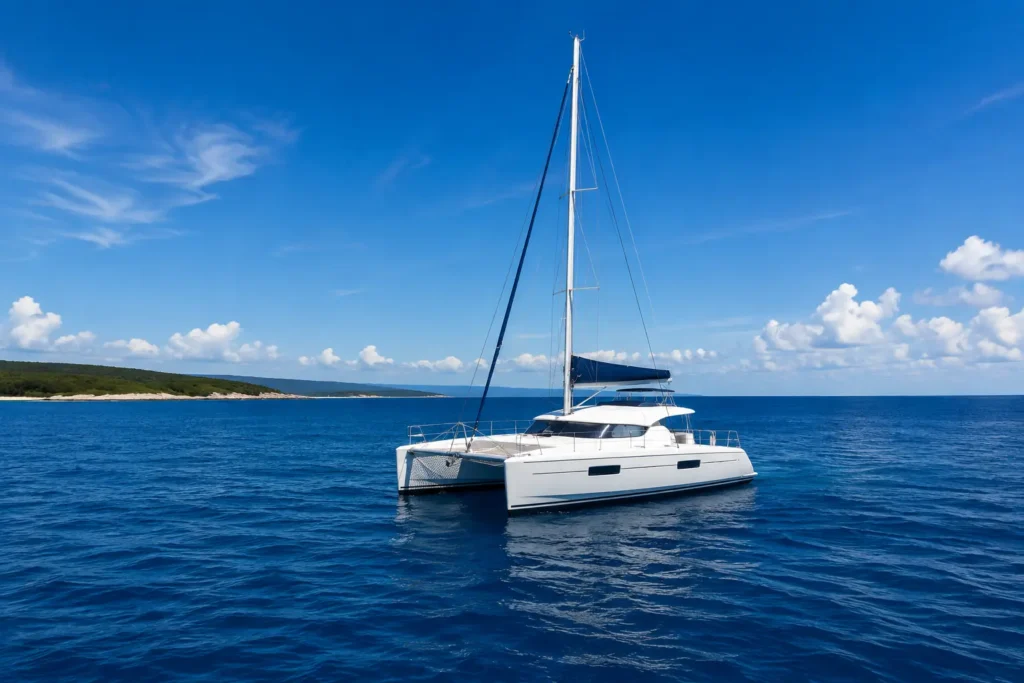 Realistic white catamaran sailing on deep blue ocean water with a distant tropical coastline and bright blue sky.
