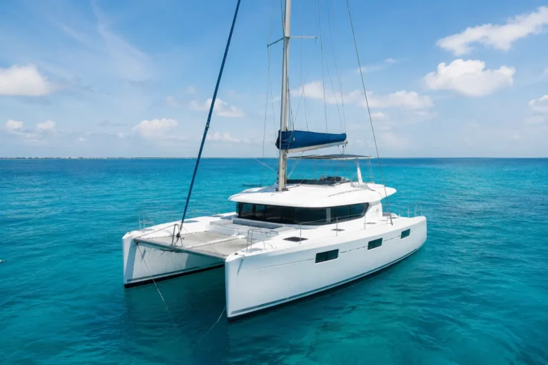 Best Catamaran Tours to Isla Mujeres from Cancun for Groups on a luxury catamaran sailing across clear blue Caribbean waters.