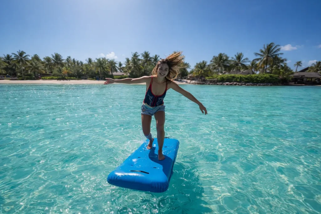 Cap Cana Weather December with a traveler enjoying warm Caribbean waters and water activities on a sunny tropical beach.