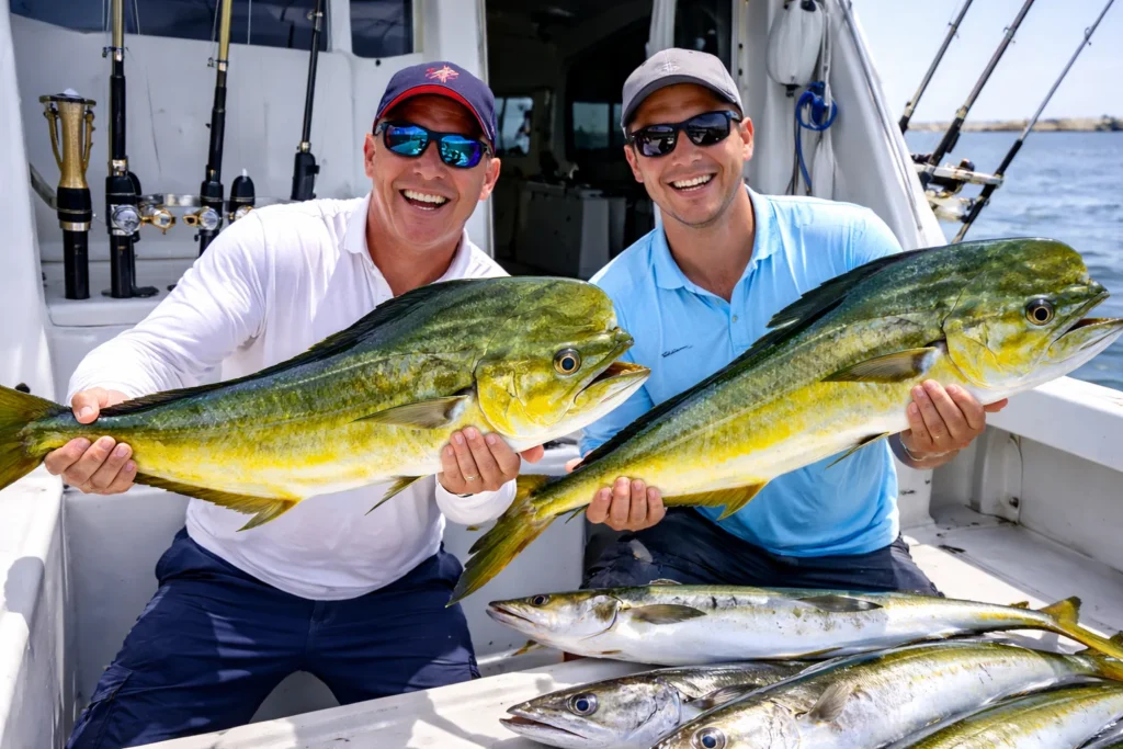 Two anglers holding large mahi-mahi fish aboard a fishing boat, with fishing rods and the ocean in the background.