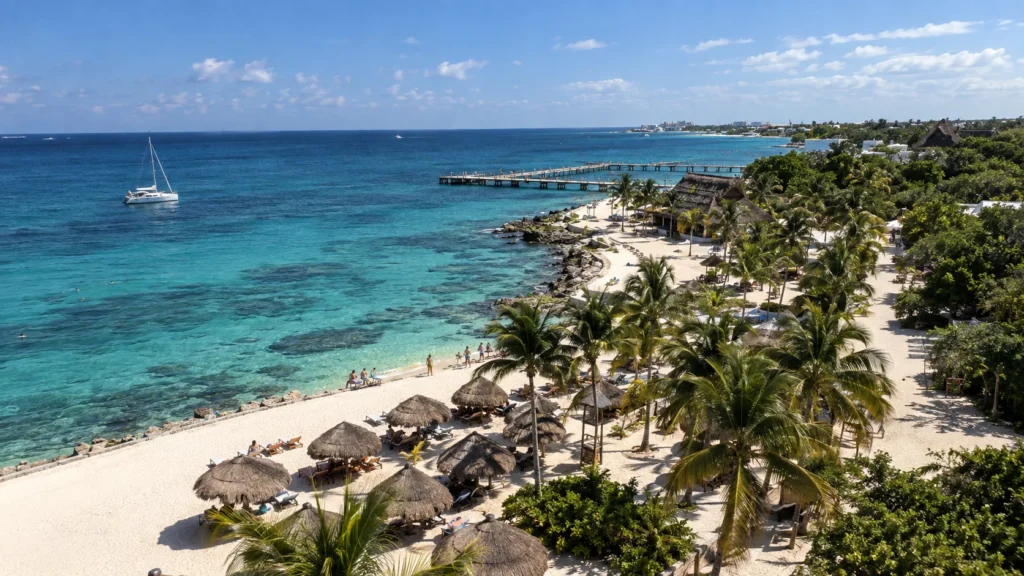 Aerial view of Chankanaab Beach Adventure Park in Cozumel with turquoise Caribbean water, white sandy beach, palm trees, thatched palapas, snorkeling areas, and a coastal pier.