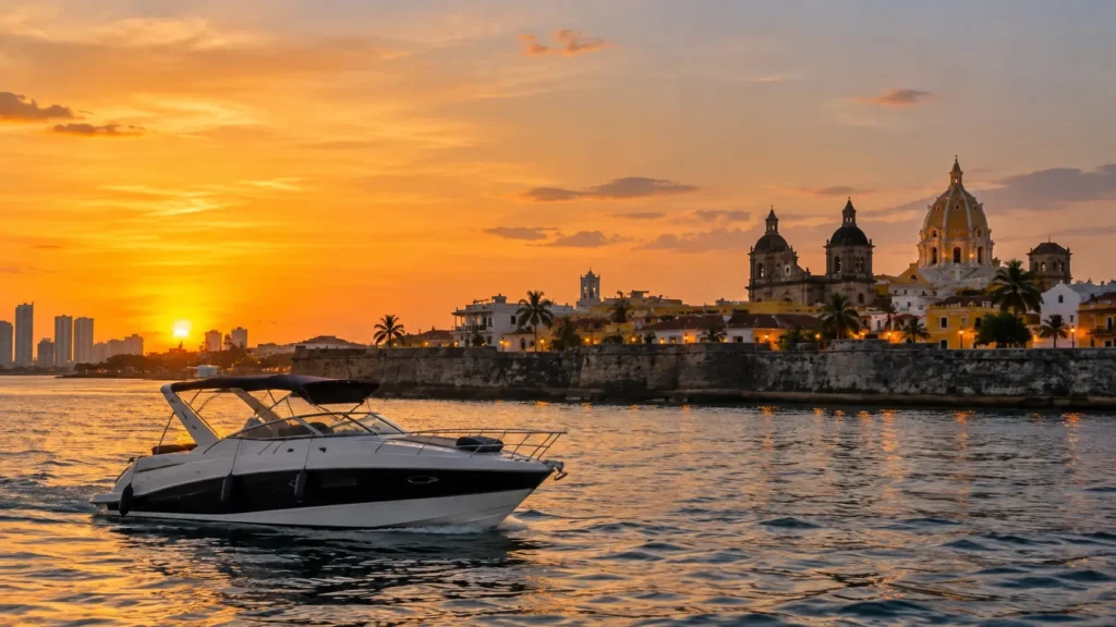 Golden Yacht Sunset Over Historic Waterfront

