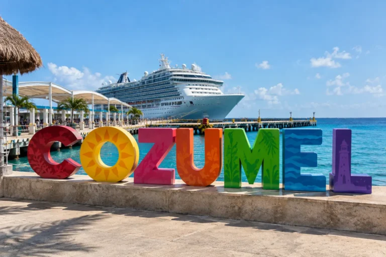 Cozumel waterfront with a cruise ship near the ferry terminal