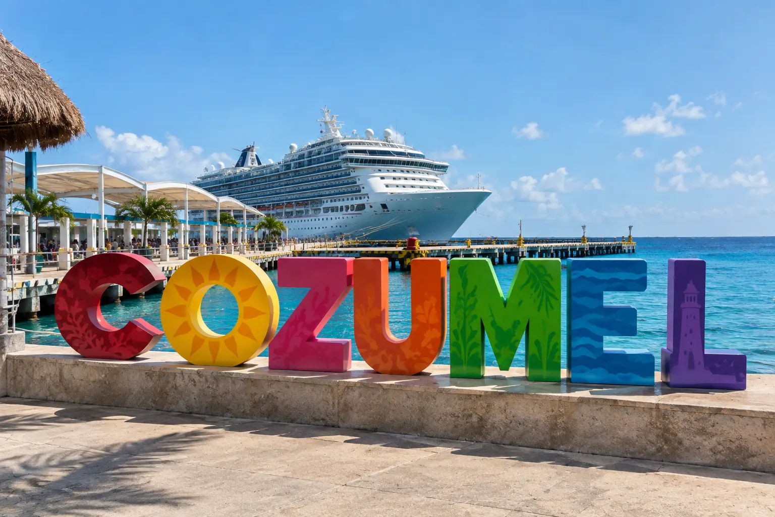 Cozumel waterfront with a cruise ship near the ferry terminal