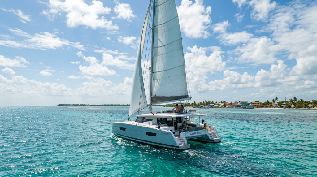 Belize catamaran tour with friends sailing through the turquoise waters near Ambergris Caye