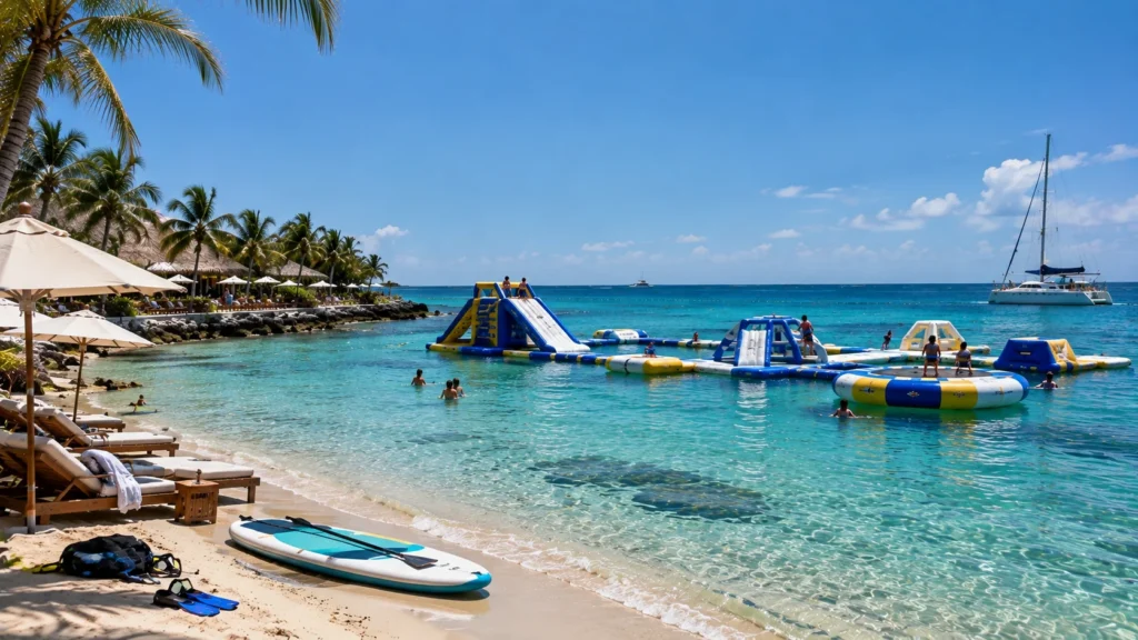 Family-friendly beach club in Cozumel with a floating water park, turquoise Caribbean water, paddleboard, palm trees, and a white catamaran.