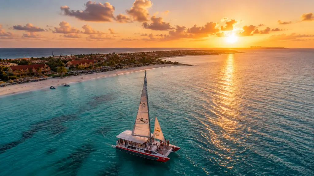 Catamaran sailing along Palm Beach in Aruba at sunset.
