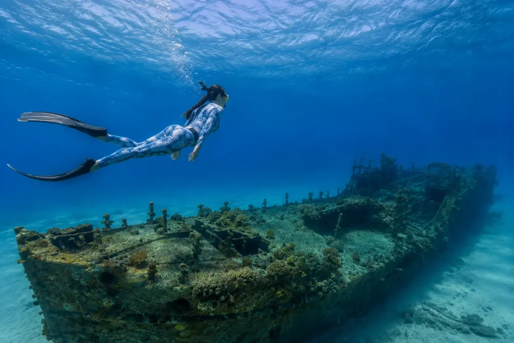 Snorkeling the Antilla Shipwreck in Aruba with a woman in full snorkeling gear exploring the coral-covered wreck underwater.