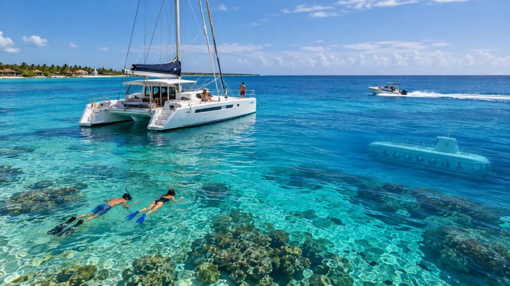 Cozumel water activities for families with a white catamaran, snorkeling over coral reefs, a speedboat, and an underwater submarine in clear turquoise Caribbean waters.