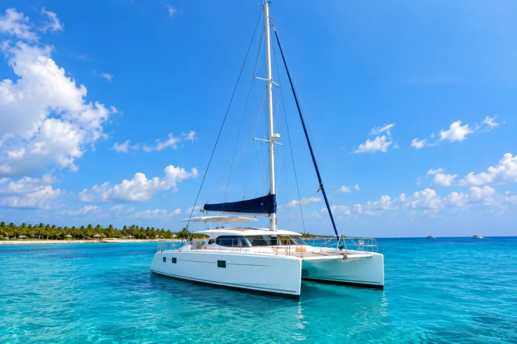 White catamaran sailing in the clear turquoise waters of Cozumel