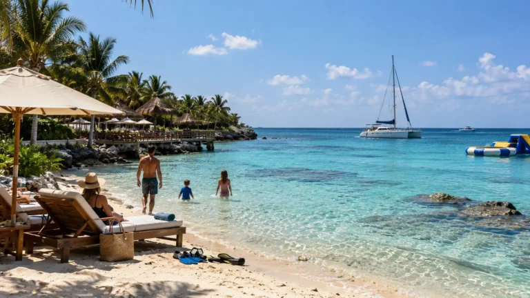 Best family beach clubs Cozumel water activities with a tropical beach club, floating water park, turquoise Caribbean water, family enjoying the shoreline, and a sailing catamaran offshore.